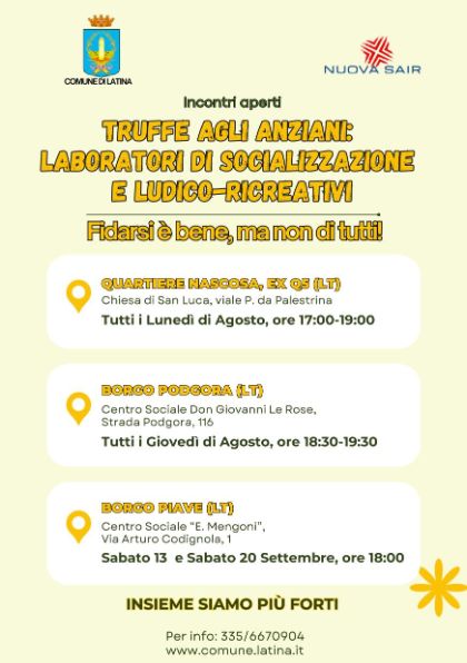 TRUFFE AGLI ANZIANI: LABORATORI DI SOCIALIZZAZIONE E LUDICO-RICREATIVI TRUFFE AGLI ANZIANI: LABORATORI DI SOCIALIZZAZIONE E LUDICO-RICREATIVI